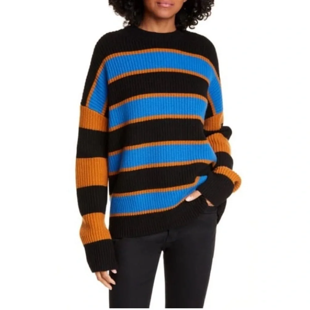 ALC Striped Oversized Wool Cashmere Crewneck Sweater Black Blue Medium